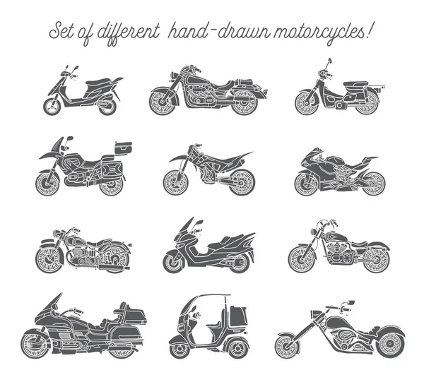 Conjunto Diferentes Motocicletas Desenhadas Mão Estilo Doodle Vector Isolados — Vetor de Stock