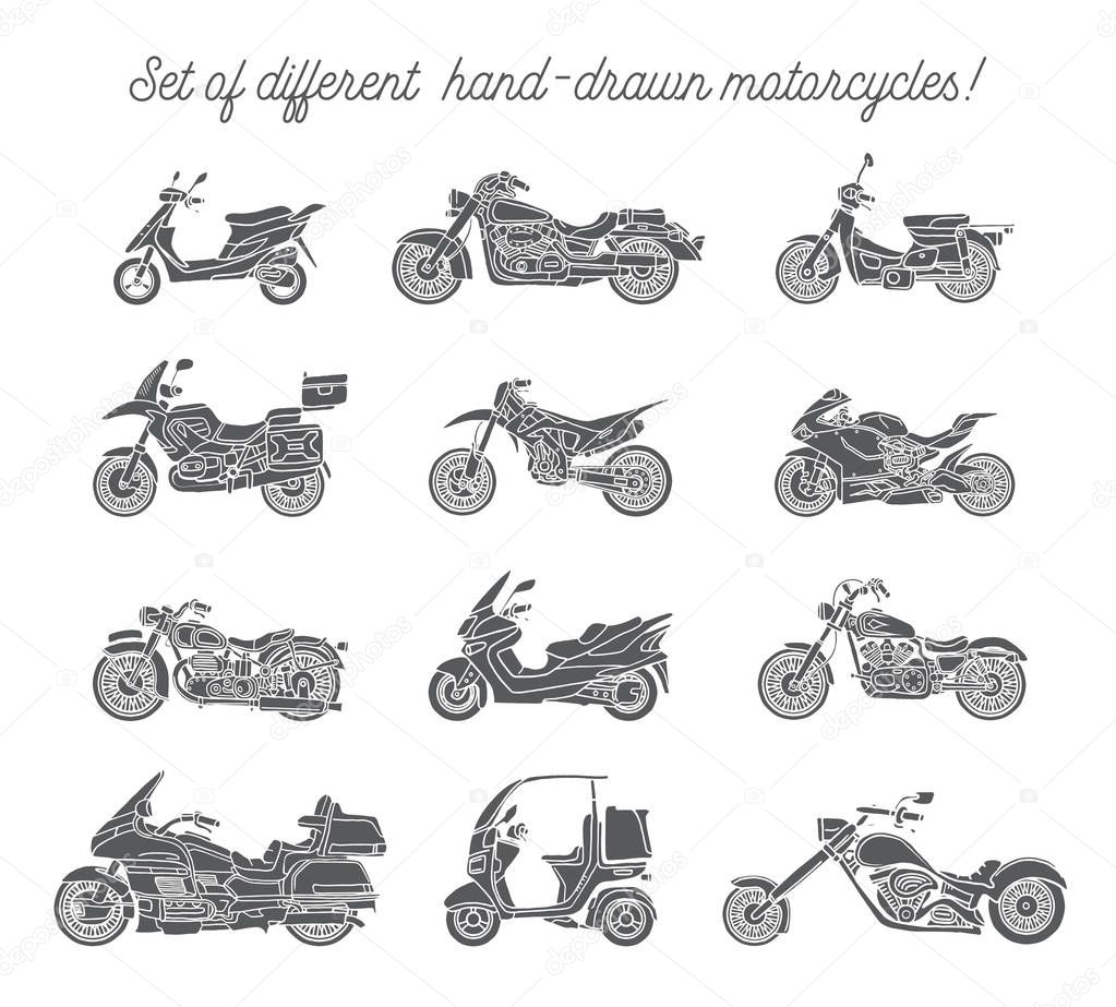Set of different hand-drawn motorcycles in doodle style. Vector. Isolated
