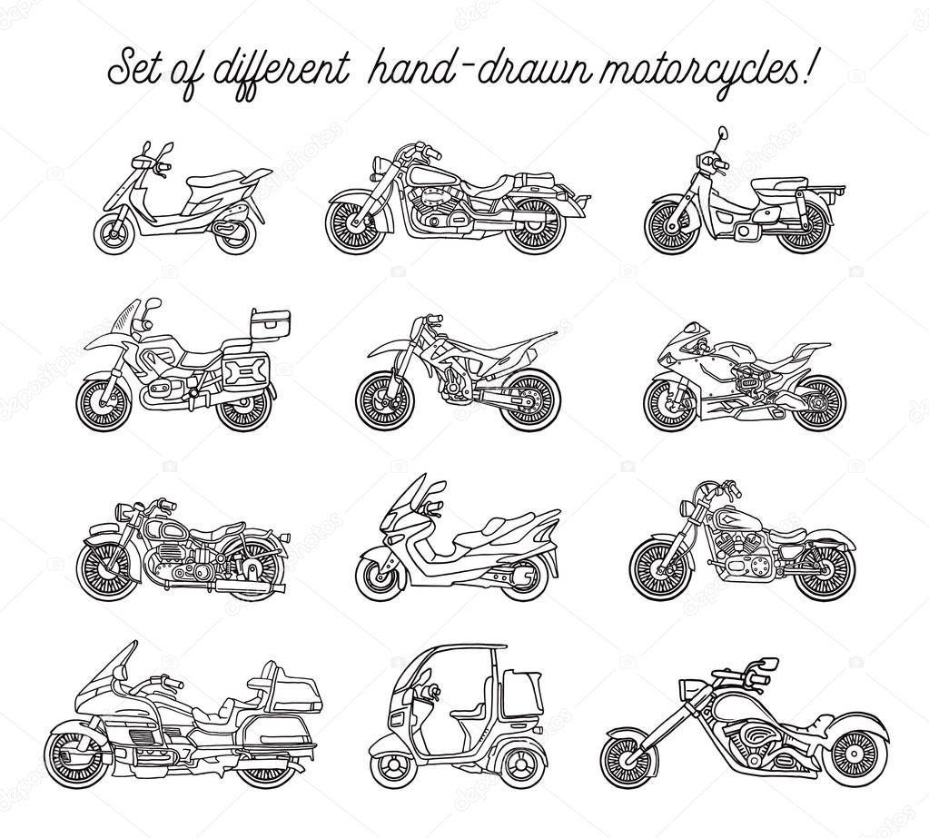 Set of different hand-drawn motorcycles in doodle style. Vector. Isolated
