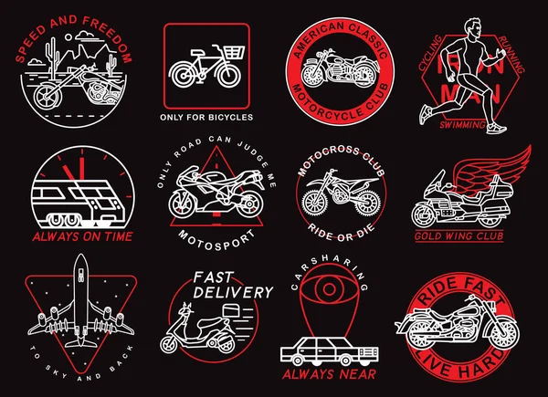 Графічний Набір Транспортних Емблем Мотоцикли Літак Бігун Автомобіль Спорт Велосипед — стоковий вектор