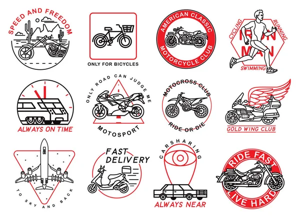 Ensemble Graphique Emblèmes Transport Motos Avion Coureur Voiture Sport Vélo — Image vectorielle