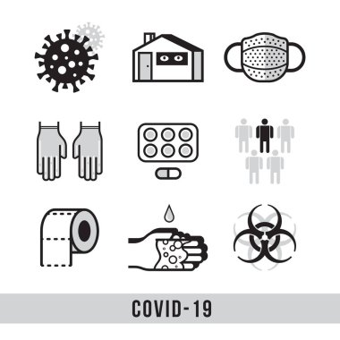 Covid-19. Coronavirüs temasının simgeleri. Evde kal, ellerim daha sık, yeni tuvalet kağıdı, bakteri, temastan uzak dur, eldiven kullan..