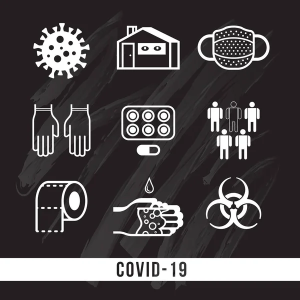 Covid Conjunto Iconos Sobre Tema Del Coronavirus Quédate Casa Mis — Vector de stock