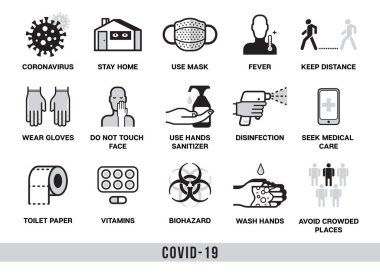 Covid-19. Coronavirüs temasının simgeleri. Evde kal, ellerim daha sık, yeni tuvalet kağıdı, bakteri, temastan uzak dur, eldiven kullan..