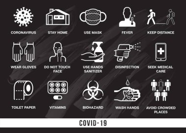 Covid-19. Coronavirüs temasının simgeleri. Evde kal, ellerim daha sık, yeni tuvalet kağıdı, bakteri, temastan uzak dur, eldiven kullan..
