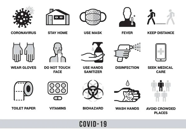 Covid Conjunto Iconos Sobre Tema Del Coronavirus Quédate Casa Mis — Vector de stock