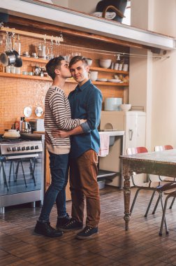 gay çift ayakta kol kola mutfak