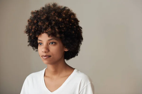 Serene Söker Unga Afrikanska Kvinna Med Afro Och Naturliga Stående — Stockfoto
