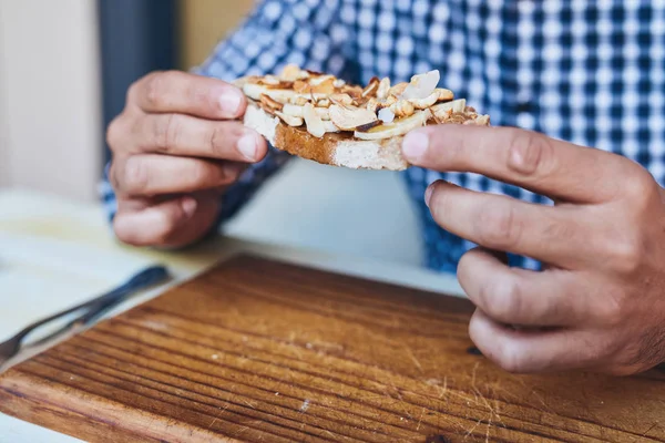 Closeup Man Sitting Bistro Table Eat His Delicious Peanut Butter — Stock Photo, Image