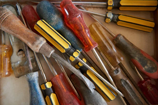 Assortment Screwdrivers Awls Sitting Draw Industrial Woodworking Carpentry Shop — Stock Photo, Image