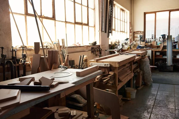 Workbenches inside of a large woodworking shop — ストック写真