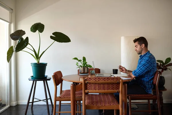 Mature Man Sitting Table His Dining Room Working Remotely Home — Stock Photo, Image