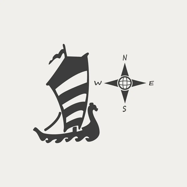 Brújula y barco icono — Vector de stock