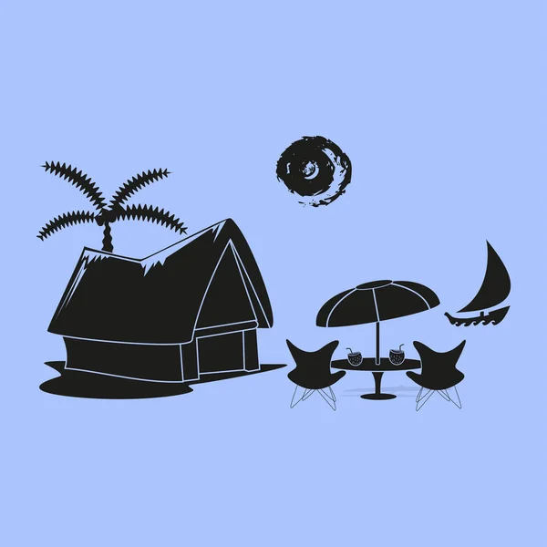 Cabaña en la playa y una palmera — Vector de stock