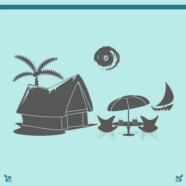 Cabaña en la playa y una palmera — Vector de stock