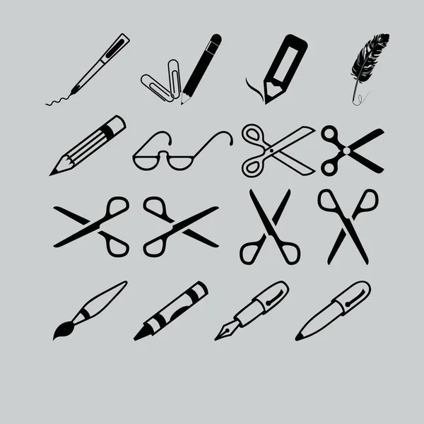 Forbici con penne e matite icone piatte — Vettoriale Stock