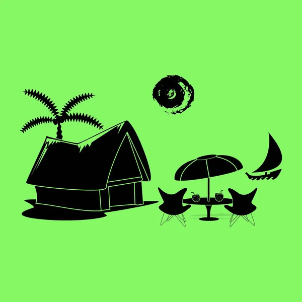 Chabola Playa Vector Palmera Ilustración Sobre Fondo Verde — Vector de stock