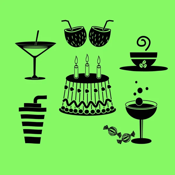 Süße Desserts Und Café Vektorsymbole Auf Grünem Hintergrund — Stockvektor