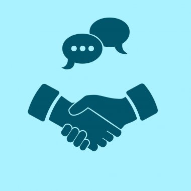 Toplantı simgesi, el sıkışma vektör çizim mavi zemin üzerine