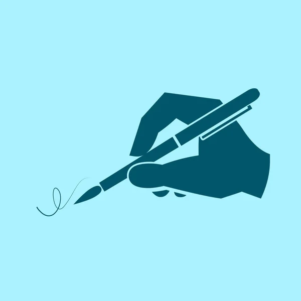 Hand Met Een Pen Vector Pictogram Blauwe Achtergrond — Stockvector