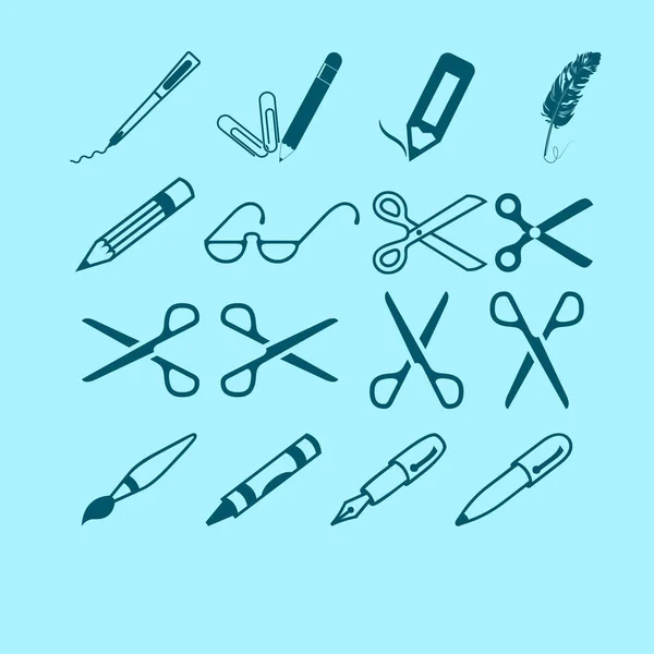 Ножиці Ручки Олівці Векторні Іконки Встановлені Синьому Фоні — стоковий вектор