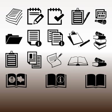 web Icons set, degrade kahverengi ve beyaz vektör çizim kağıtları ve kitaplar