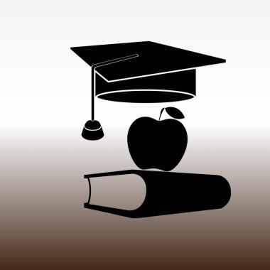  kitap ve apple ile mezuniyet cap web simgesi, vektör çizim degrade kahverengi ve beyaz