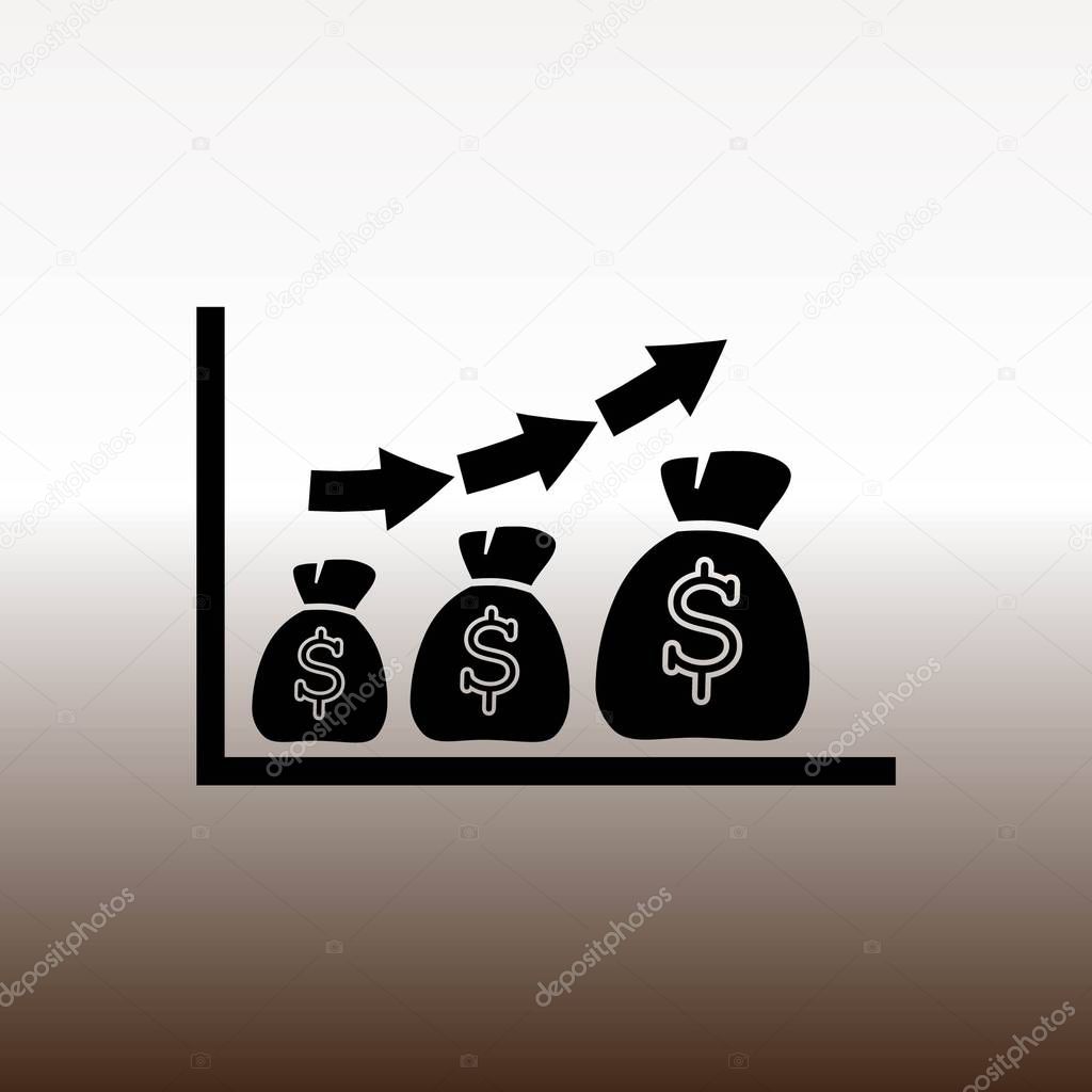 dollars sacks and profit graph with arrows web icon, vector illustration on gradient brown and white