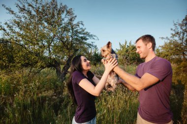 Genç mutlu çift doğa üzerinde çocuk kız köpek - yorkshire korkunç hediye olarak verir