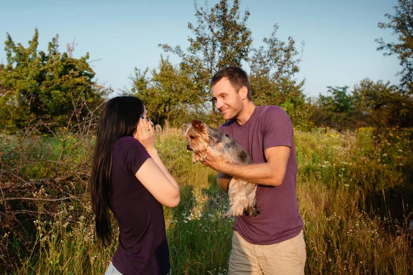 Молода щаслива пара на природі, хлопець дає дівчині собаку йоркширський тер'єр як подарунок — стокове фото
