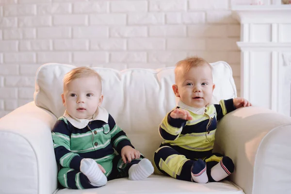Dois bebês gêmeos, meninos sorridentes de oito meses, dois filhos gêmeos sorriem para a câmera — Fotografia de Stock