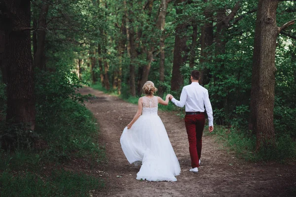 Young beautiful wedding couple hugging in a field back to camera.