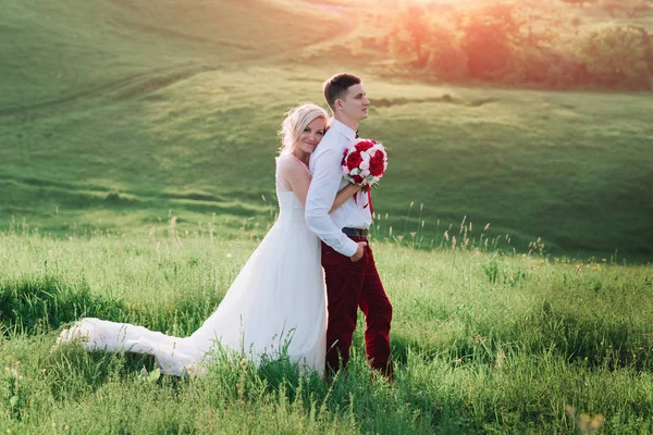 Lovely couple, bride and groom posing in field during sunset,lifestyle