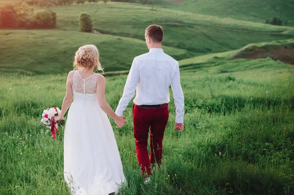 Молодая красивая свадебная пара обнимается в поле спиной к камере . — стоковое фото