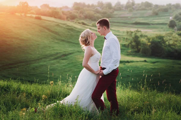 Casal encantador, noiva e noivo posando no campo durante o pôr do sol, estilo de vida — Fotografia de Stock