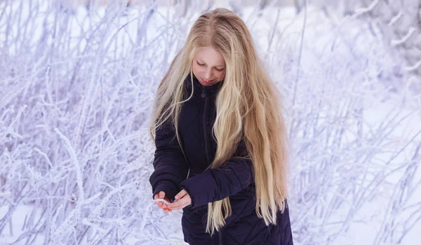 Vinter Flicka Blåser Snö Skönhet Joyful Modell Tonårsflicka Kul Vinterparken — Stockfoto