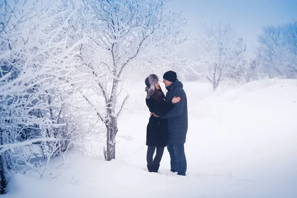 Loving Couple Winter Walk Snow Love Story Winter Magic Man — Stock Photo, Image