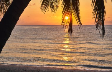 Güneşin doğuşunda kumlu kıyı şeridi ve deniz manzarası 