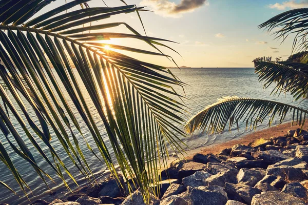 Vacker Utsikt Över Dramatisk Solnedgång Över Hav Och Berg Resor — Stockfoto