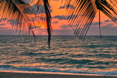 Güneşin doğuşunda kumlu kıyı şeridi ve deniz manzarası 