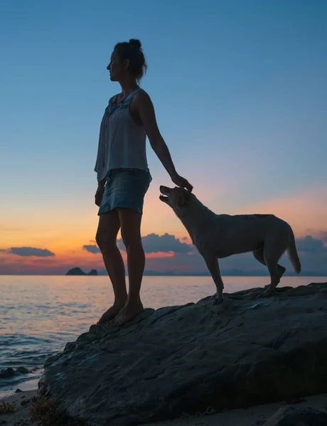 日落背景下在海滨的女人和狗 — 图库照片