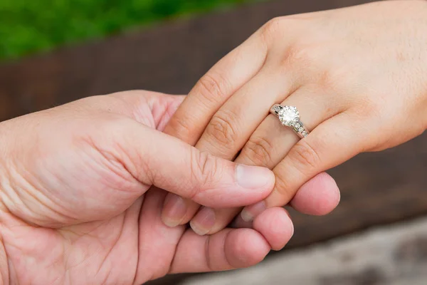 Close Happy Woman Hand Wearing Diamon Ring Stock Image
