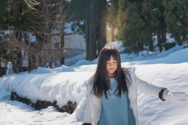 Menina Asiática Bonita Andando Redor Moutain Neve Aldeia Japonesa Shirakawago — Fotografia de Stock