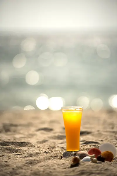 Fresh Orange Juice Beach Blue Sky Background Sea Bokeh Summer — Stock Photo, Image