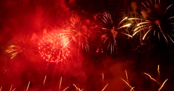 烟花欢度新年 2020年7月4日是国庆佳节 五彩缤纷的烟火在晚上庆祝国庆节 2020年新年派对时间活动倒计时 — 图库视频影像