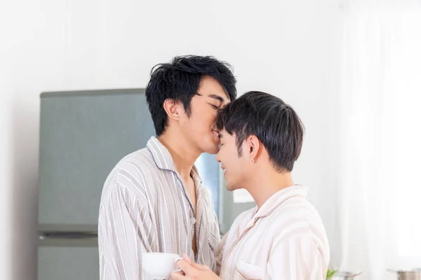 Ázsiai Meleg Pár Homoszexuális Főzés Együtt Konyhában Készít Friss Zöldség — Stock Fotó