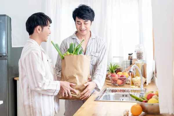 Pasangan Gay Asia Memasak Homoseksual Bersama Dapur Menyiapkan Sayuran Segar — Stok Foto