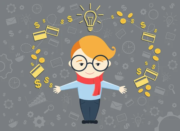 Vector illustration of young business man shows process converting of idea into money — Stockový vektor