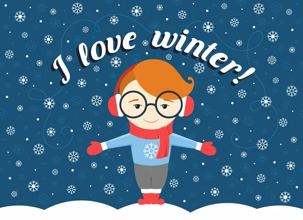 Vektor-Illustration eines Jungen oder jungen Mannes, der unter einer fliegenden Schneeflocke steht und Text "Ich liebe den Winter!" — Stockvektor