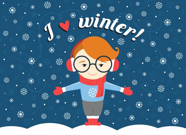 Vektor-Illustration eines Jungen oder jungen Mannes, der unter einer fliegenden Schneeflocke steht und Text "Ich liebe den Winter!" — Stockvektor